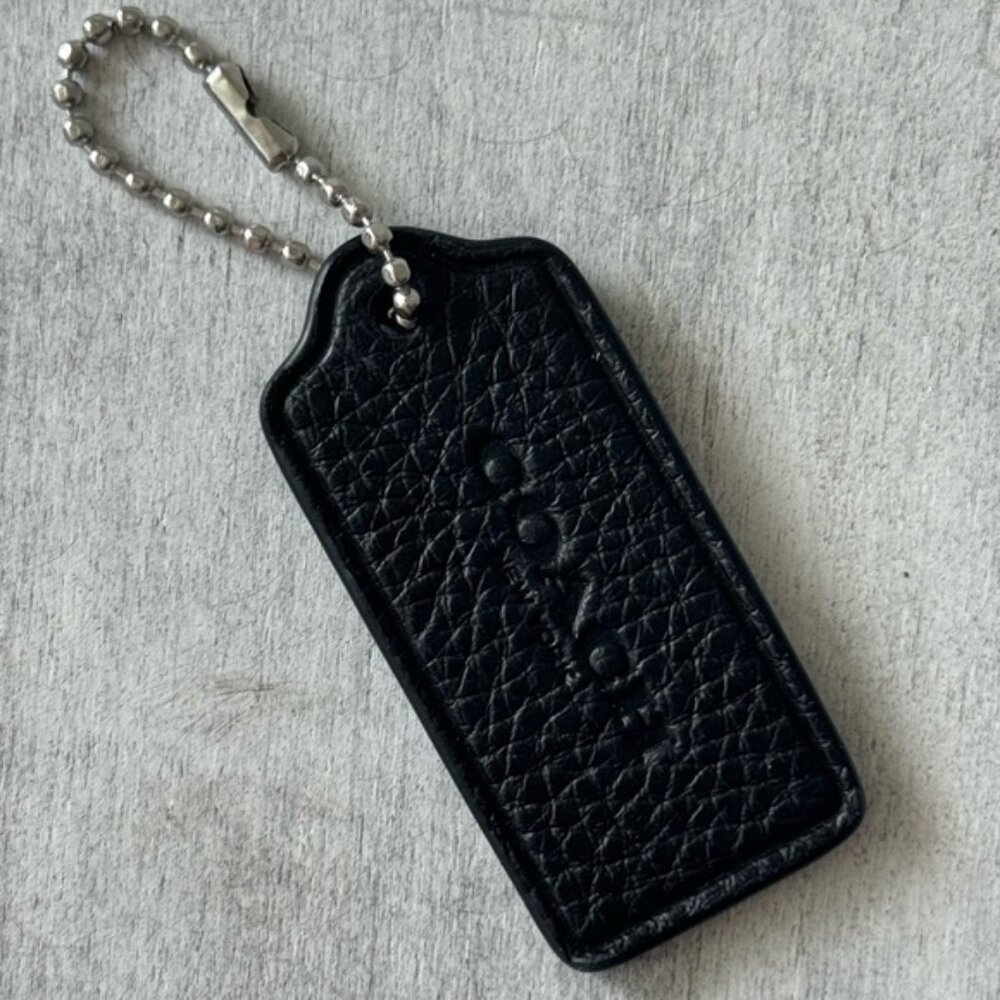 Coach Black Leather Key Fob Bag Charm Tag W Silver Chain New